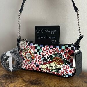 New Ed Hardy Black Shoulder Crossbody Bag with Rhinestone Love Eternal Skulls